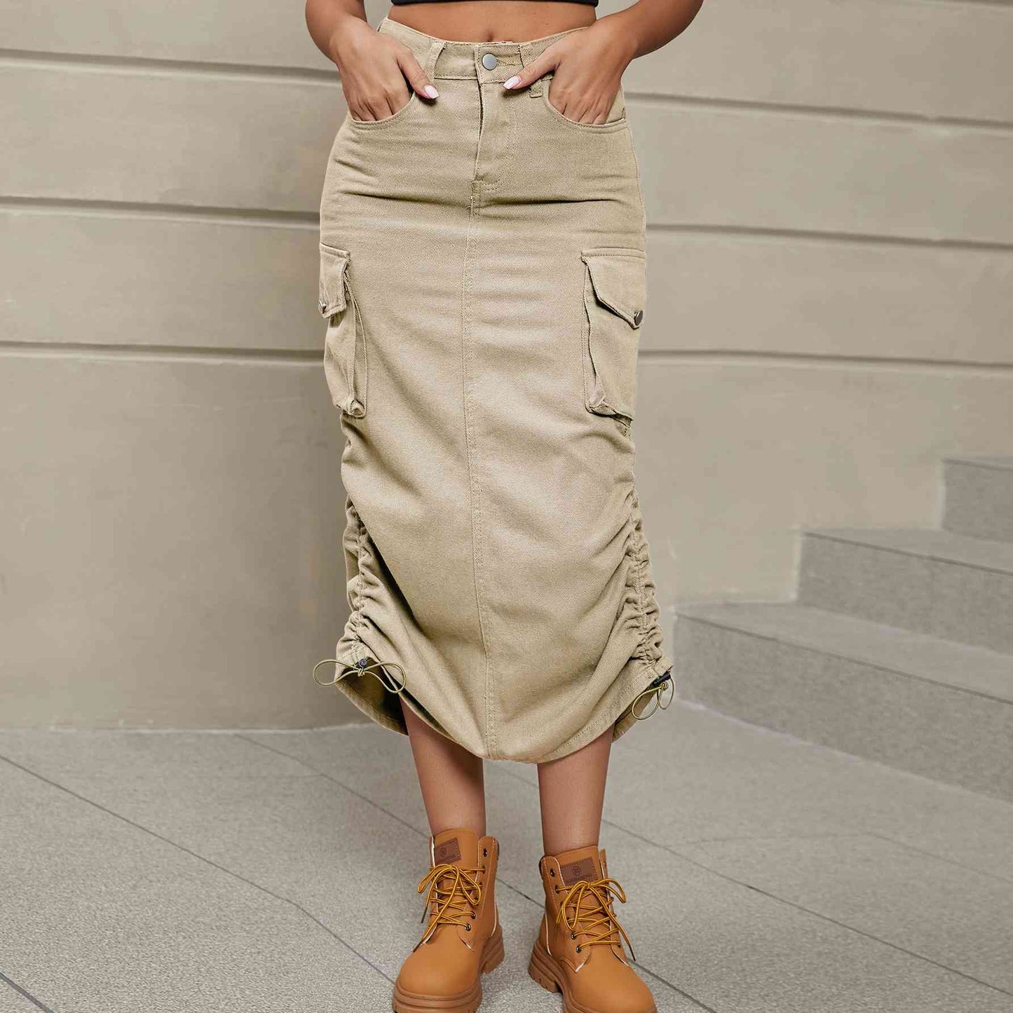 Stilla | Rynket Slids Denim Midi Nederdel