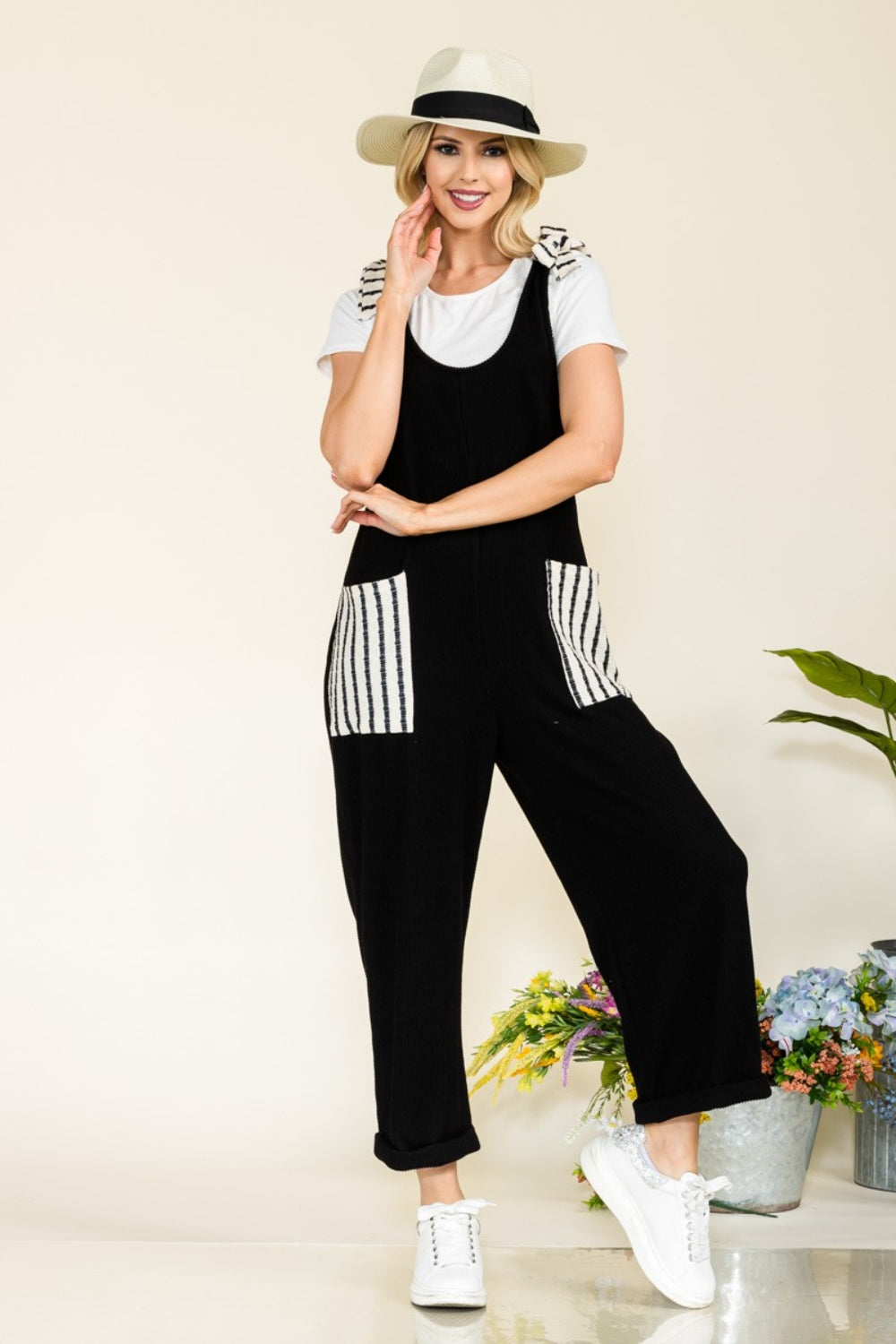Stilla | Full Size Stripe Contrast Pocket Rib Jumpsuit