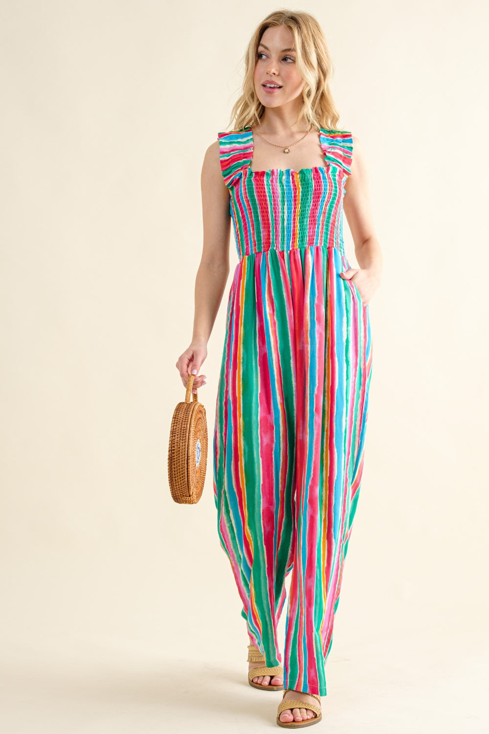 Stilla | the Why Full Size Striped Smocked Sleeveless Jumpsuit