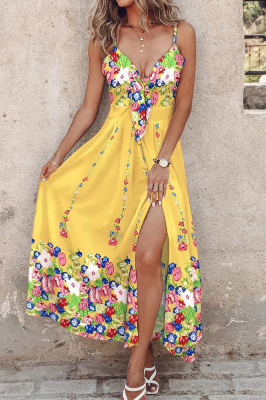 Stilla | Casual Print Halter Split Spaghetti Straps Lange Kjoler