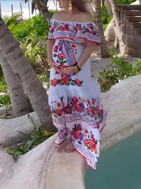 Stilla | Lang Kjole Graviditet Bohemia Flæser Bælte Flydende Bådformet Hals Elegante Graviditetskjoler