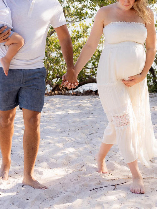 Stilla | Hvid Strand Broderi Volanger Fryns Maxi Kjoler Gravid Til Fotoshoots