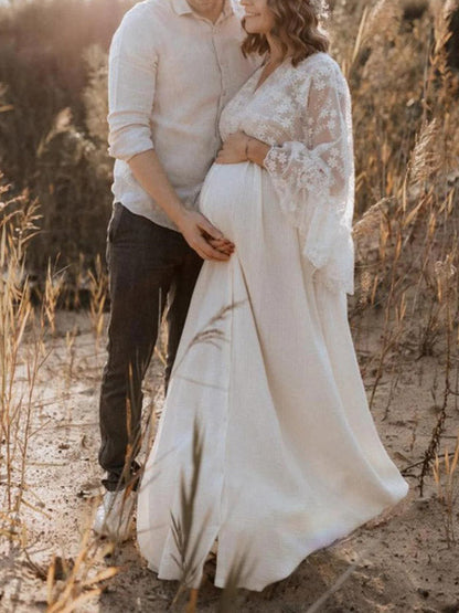 Stilla | Abrikos Boheme Lace Volanter Knapper Fringes Slids Maxi Maternity Kjoler