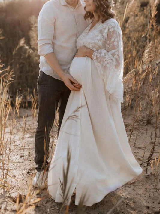 Stilla | Abrikos Boheme Lace Volanter Knapper Fringes Slids Maxi Maternity Kjoler