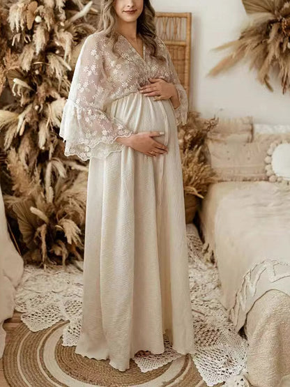 Stilla | Abrikos Boheme Lace Volanter Knapper Fringes Slids Maxi Maternity Kjoler