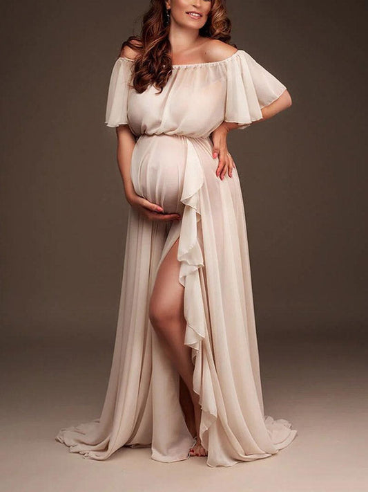 Stilla | Enkeltfarve Uregelmæssig Side Udskæring Flæser Bådhals Maxi Graviditetskjoler Til Fotoshoots