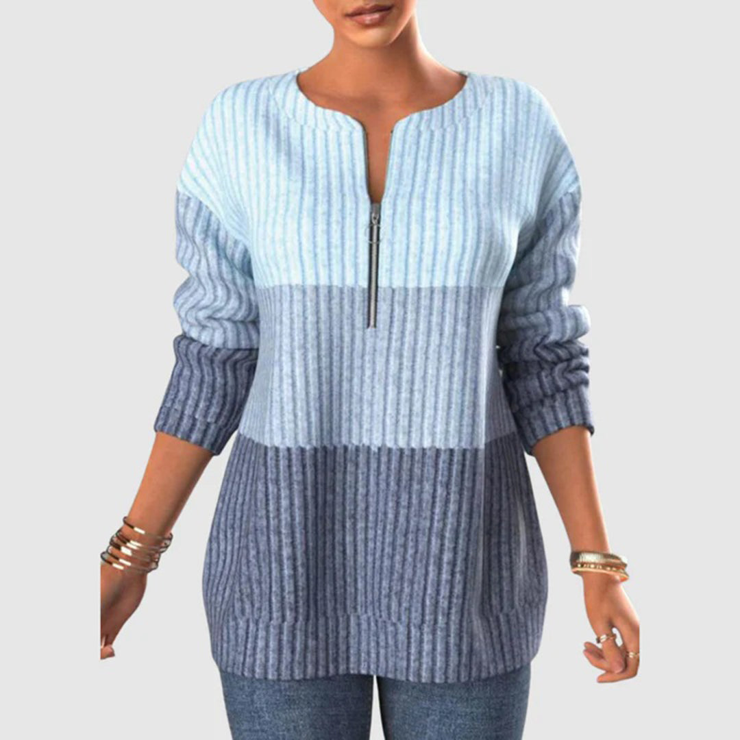 Stilla | Stribet Dame Sweatshirt med Halv Lynlås