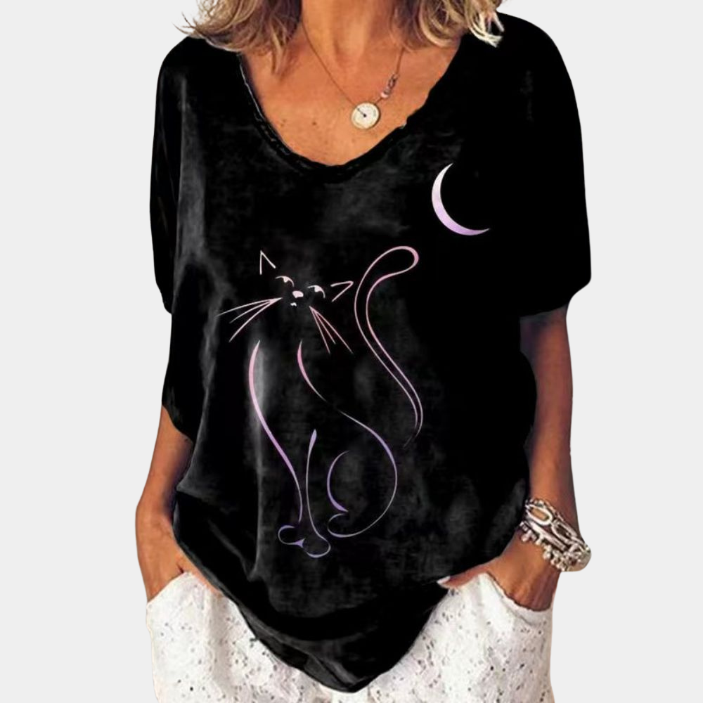 Stilla | Dame T-Shirt med katteprint