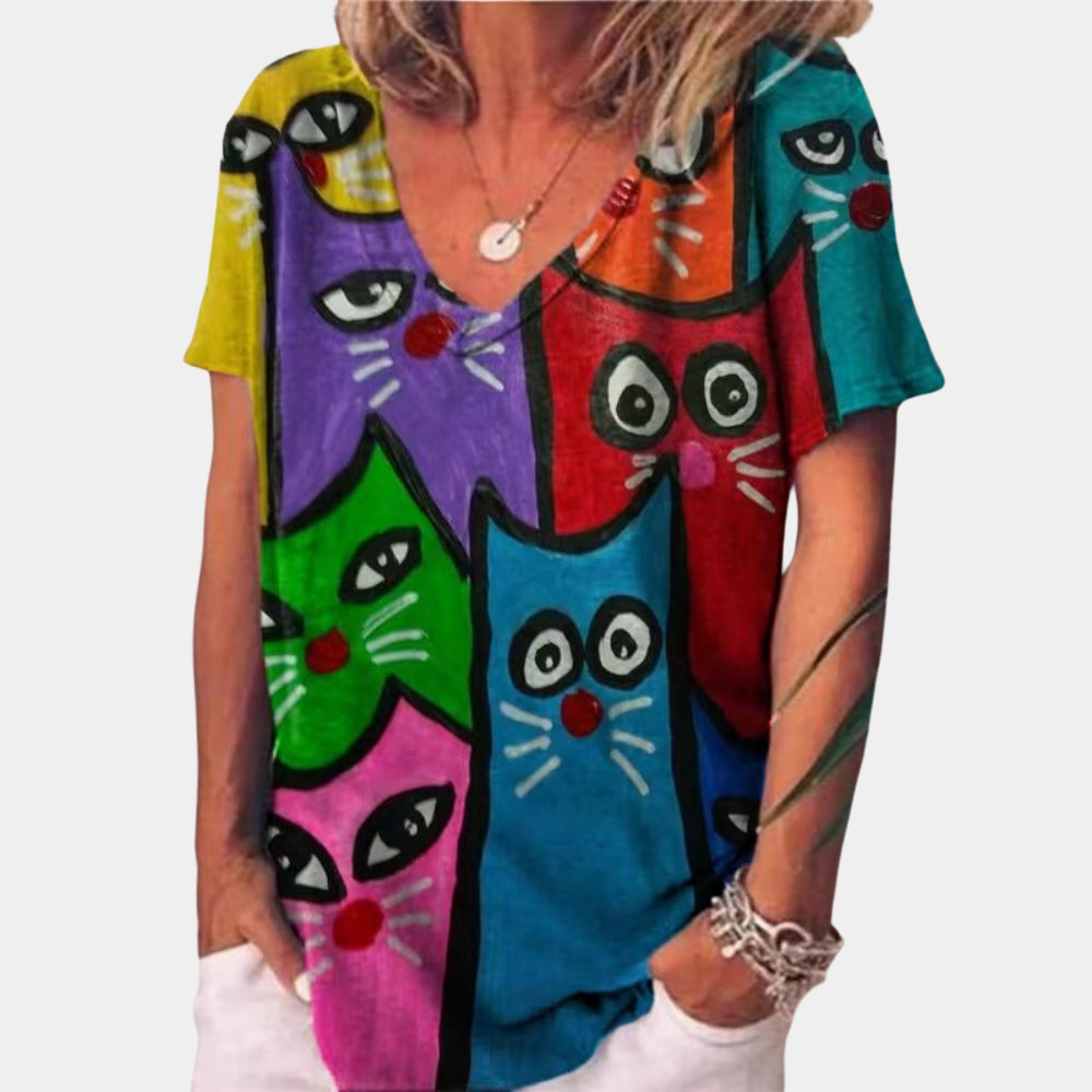 Stilla | Dame T-Shirt med katteprint