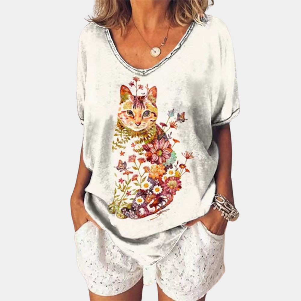 Stilla | Dame T-Shirt med katteprint