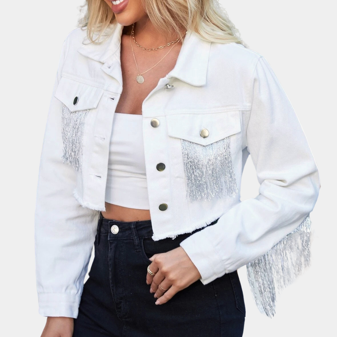 Stilla | Cropped denimjakke med frynser til kvinder