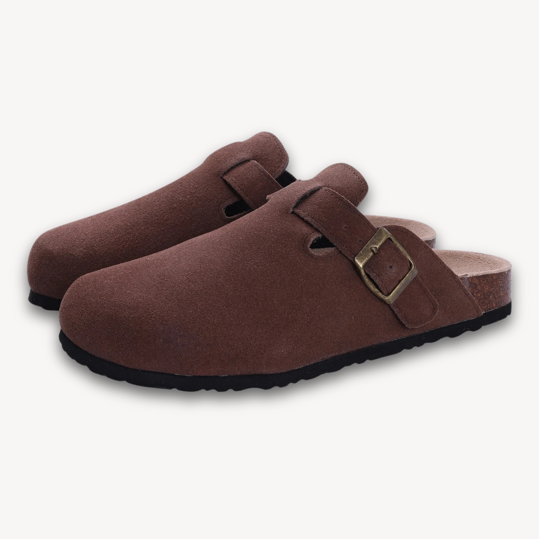 Stilla | Kvinders Træsko Suede Slip on Muler Med Justerbar Spænde Kork Fodbed