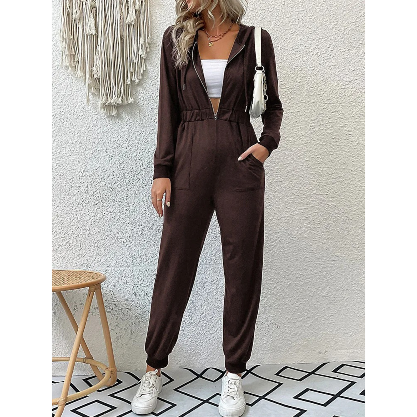 Stilla | Elastisk Talje Hætte Overalls Jogging Sæt Med Lynlås og Lommer Til Dame