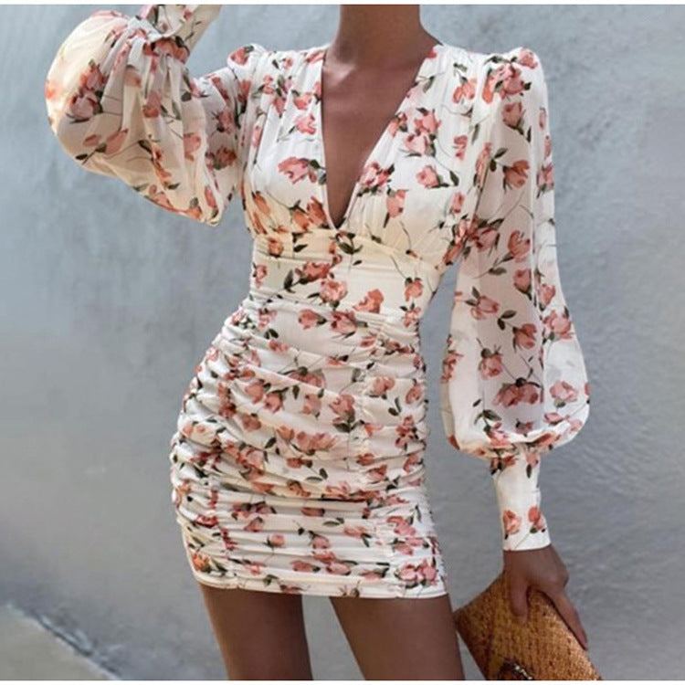 Stilla | Deep V-hals Lange Ærme Blomster Mini Kjole