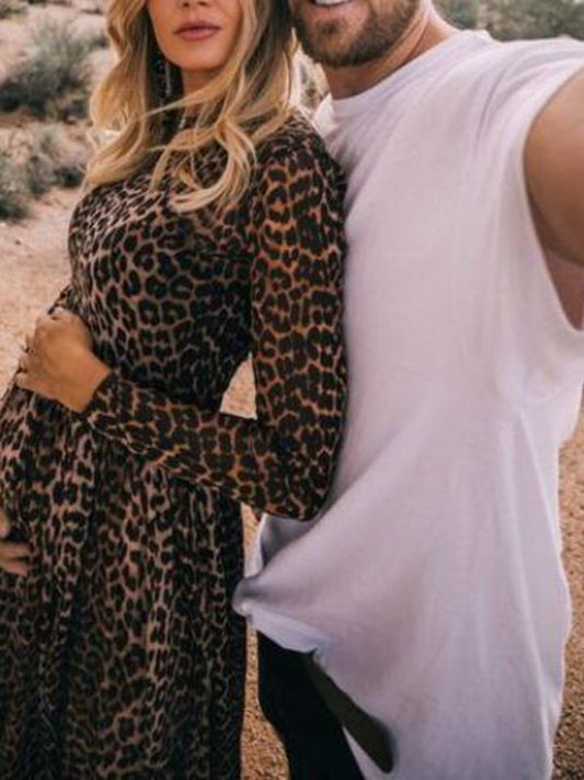 Stilla | Graviditetskjole Med Leopardskær a Høj Talje Elegante Maxi Kjoler Kjole