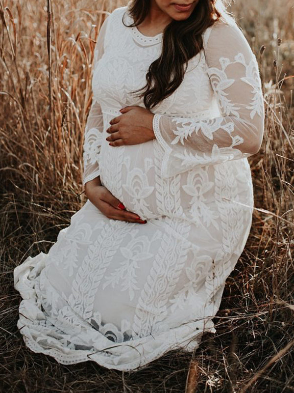 Stilla | Blomsterprint Lace Rundhalset Kjoler Til Fototjenester in Lace Kjole