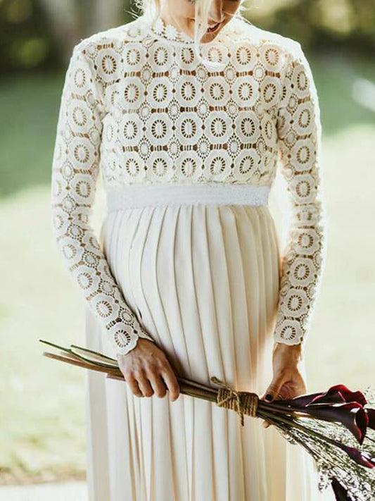 Stilla | Hvid Spitze Split Rund Hals Lange Ærmer Ferie Elegante Graviditetskjoler