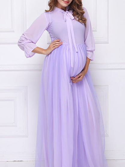 Stilla | Viola Papillon Net Rund Hals Lange Fest 3/4 Ærmer Elegante Premaman Kjoler