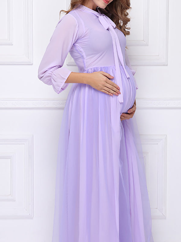 Stilla | Viola Papillon Net Rund Hals Lange Fest 3/4 Ærmer Elegante Premaman Kjoler