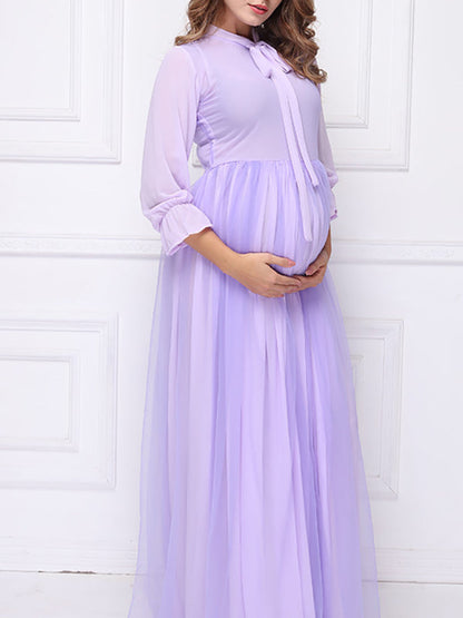 Stilla | Viola Papillon Net Rund Hals Lange Fest 3/4 Ærmer Elegante Premaman Kjoler