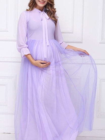 Stilla | Viola Papillon Net Rund Hals Lange Fest 3/4 Ærmer Elegante Premaman Kjoler