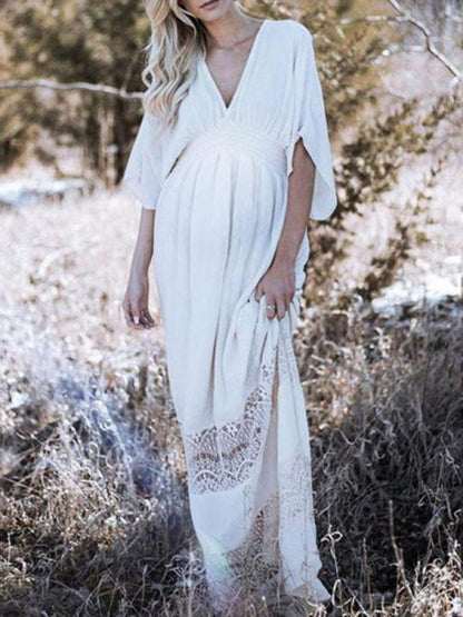 Stilla | Kjoler Til Gravide Lang Kjole Med Flagermusærmer in Blonder Med Ryg in Bohemisk Blonder