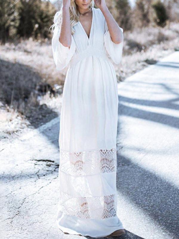 Stilla | Kjoler Til Gravide Lang Kjole Med Flagermusærmer in Blonder Med Ryg in Bohemisk Blonder