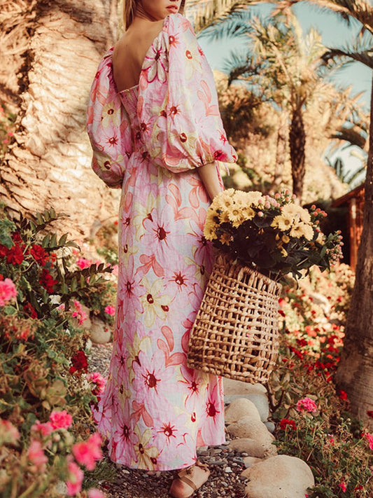 Stilla | Gravidkjole Til Blomsterprint Bælte Uden Ryg Lanternemanchet Elegante Gravidkjoler