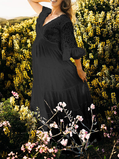 Stilla | Kjole Til Gravide for Solid Color Lace Ruffles Transparent Baby Shower Dress Elegante Kjoler Til Gravide