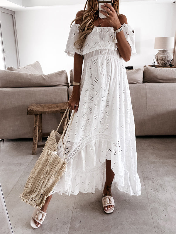 Stilla | Gravidkjole Til Hvid Åbne Skuldre Rynker Udsnit Kjoler Blonder Sangallo Elegante Gravidkjoler