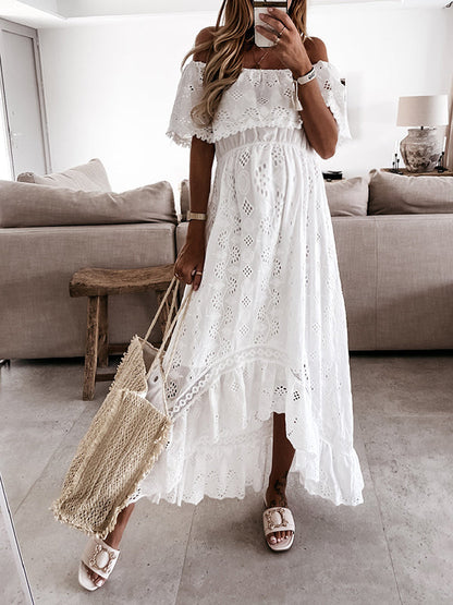 Stilla | Gravidkjole Til Hvid Åbne Skuldre Rynker Udsnit Kjoler Blonder Sangallo Elegante Gravidkjoler