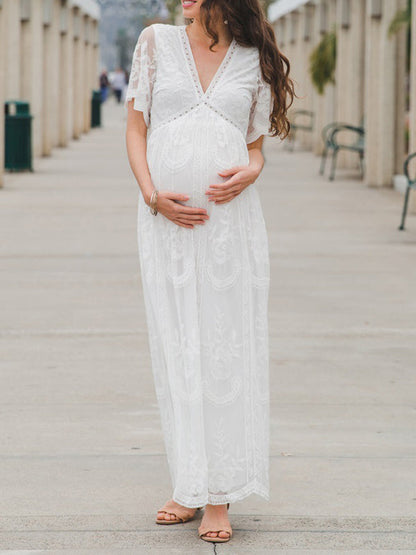 Stilla | Ensfarvet Gennemsigtig Blonde V-hals Ferie Festkjoler Til Gravide