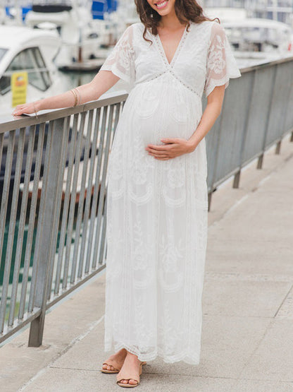 Stilla | Dyb V-hals Høj Talje Elegante Kjoler Til Fotografi in Lace Maxi Kjoler