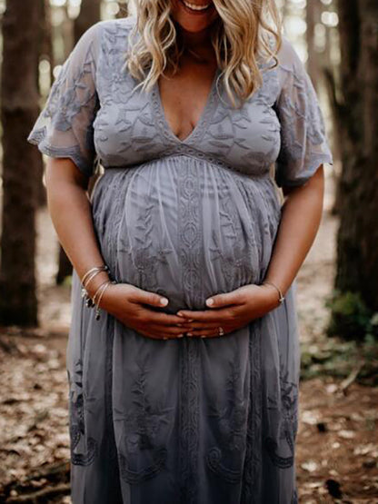 Stilla | Ensfarvet Gennemsigtig Blonde V-hals Ferie Festkjoler Til Gravide