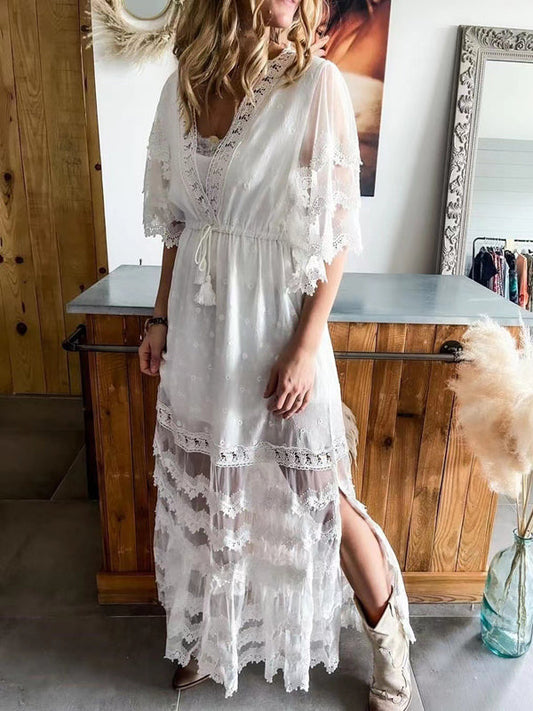 Stilla | Graviditetskjoler Lange Kjoler Under Graviditeten Med Snoretræk in Blonder Og V-hals