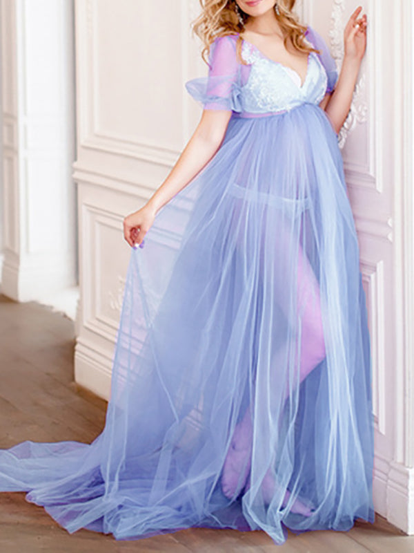 Stilla | Enkelt Farve Transparent Net V-udskæring Ferie Lange Elegante Maternity Kjoler