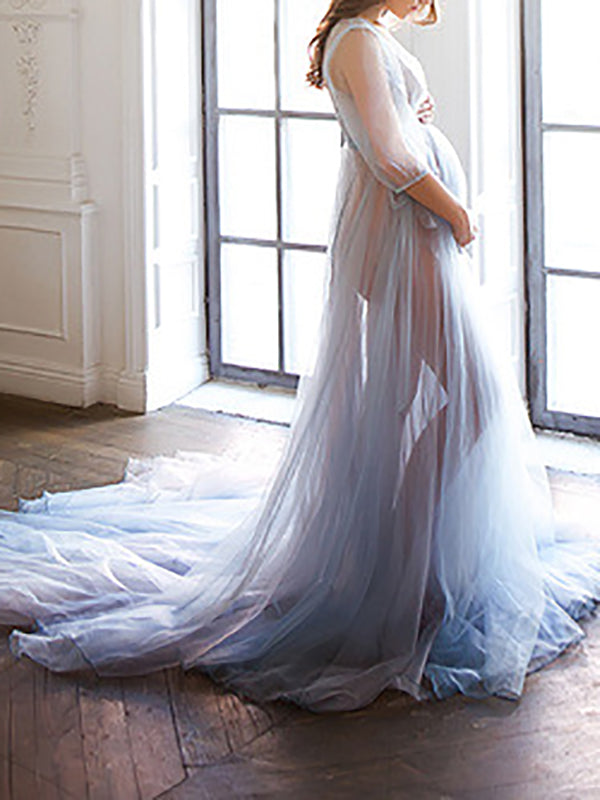 Stilla | Enkelt Farve Transparent Net V-udskæring Ferie Lange Elegante Maternity Kjoler