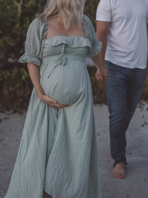 Stilla | Lys Grøn Flæser Bælte Krave Firkantet Puff Ærme Ferie Elegante Graviditetskjoler