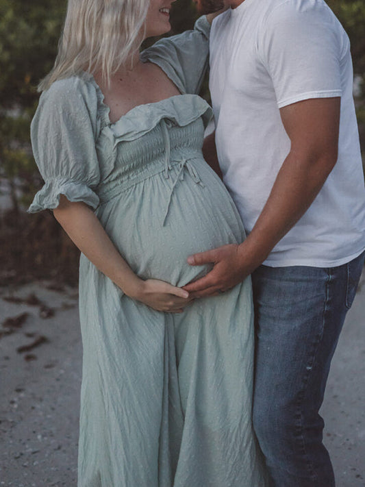 Stilla | Lys Grøn Flæser Bælte Krave Firkantet Puff Ærme Ferie Elegante Graviditetskjoler