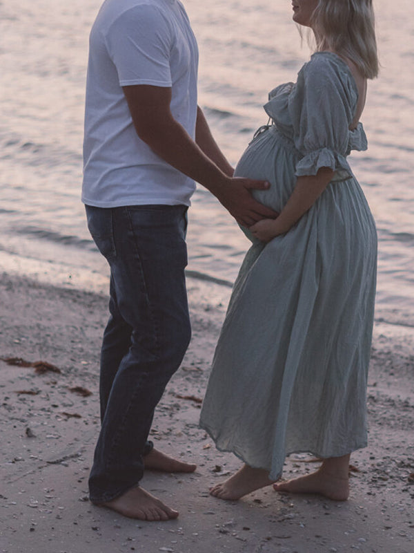 Stilla | Lys Grøn Flæser Bælte Krave Firkantet Puff Ærme Ferie Elegante Graviditetskjoler