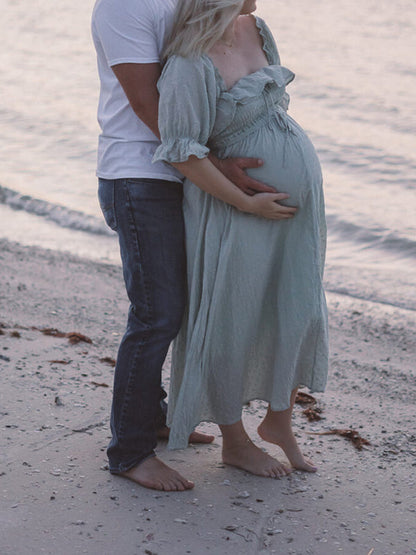 Stilla | Lys Grøn Flæser Bælte Krave Firkantet Puff Ærme Ferie Elegante Graviditetskjoler