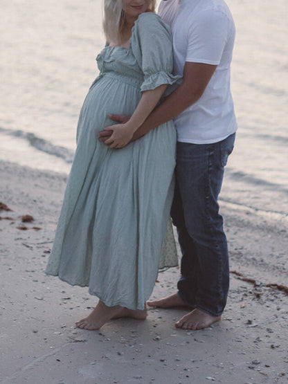 Stilla | Lys Grøn Flæser Bælte Krave Firkantet Puff Ærme Ferie Elegante Graviditetskjoler