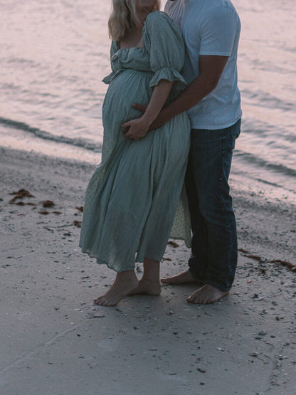 Stilla | Lys Grøn Flæser Bælte Krave Firkantet Puff Ærme Ferie Elegante Graviditetskjoler