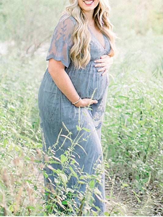 Stilla | Azzurro Farve Unik Gennemsigtig V-hals Korte Ærmer Kjoler Til Fotoshoots in Blonder