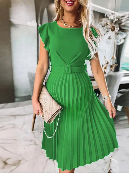 Stilla | Ensfarvet Flæser Plisseret Rund Hals Midi Ferie Elegante Maternity Kjoler