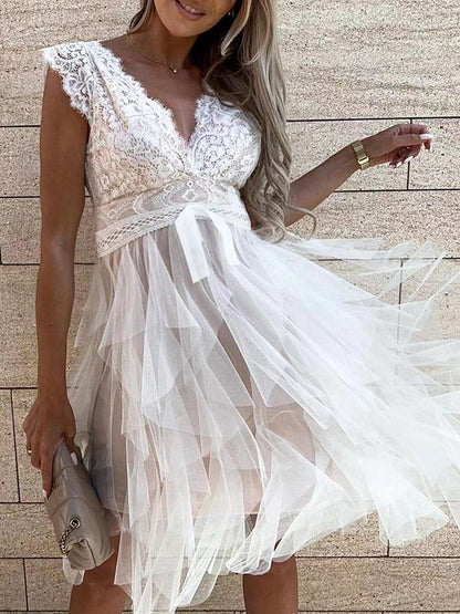 Stilla | Enkel Farve Blonder Net Uregelmæssig V-hals Fest Uden Ærmer Elegante Graviditetskjoler