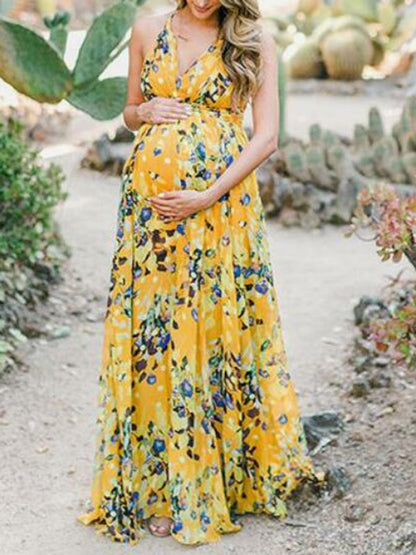 Stilla | Gravidkjole Til Blomstermønster Knyttestropper Ved Hals Strand Chiffon Gravid Mini Kjoler Kjole