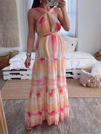 Stilla | Gravidkjole Til Farveskift Snøring Ved Halsen Gravid Bohemisk Maxi Kjoler Kjole