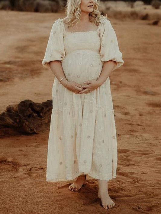 Stilla | Abrikos Lang Kjole Graviditet Blomstertrykt Skuldre Elegante Åbne Flæser Ferie Elegante Graviditetskjoler