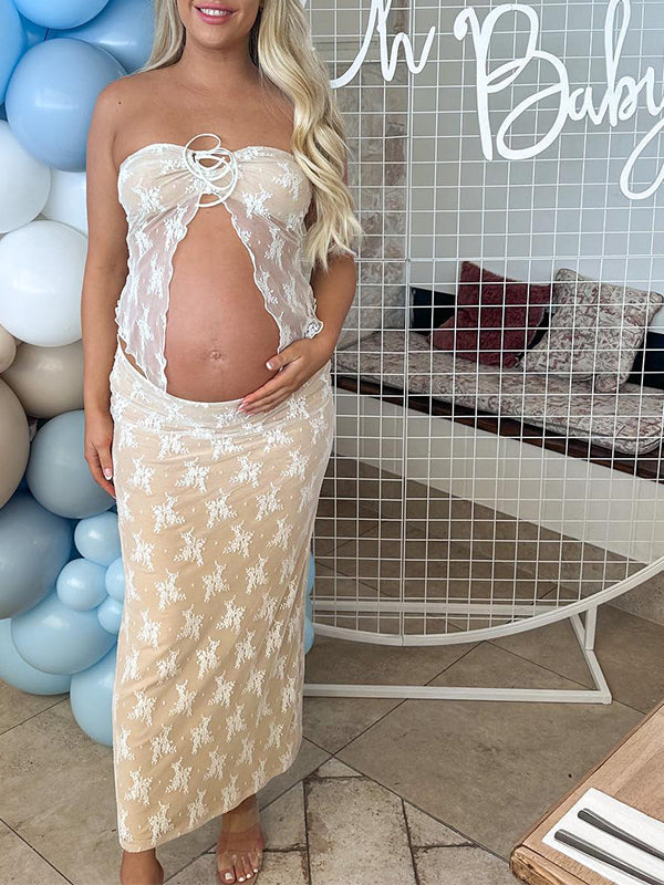 Stilla | 2 Stykker Den Elegante Mode Lace Volante Ferie Kugle Maxi Kjoler Fotografering Premaman